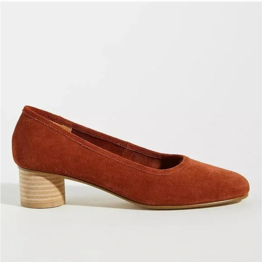 Anthropologie Soludos Juliette Pumps Stacked Heel Suede Round Toe Rust Orange 11 - Picture 2 of 12